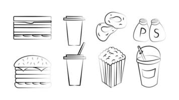 conjunto en blanco y negro de ocho íconos de deliciosa comida y refrigerios para un restaurante bar cafetería en un sándwich de fondo blanco, café, soda, aros de cebolla, sal, pimienta, palomitas de maíz, limonada vector