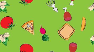 Endless green seamless pattern from a set of icons of delicious food and snacks items for a restaurant bar cafe pizza, meat, ham, pistachios, tomato, bread, loaf, radish, squid. The background vector