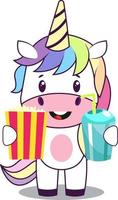 Unicorn with popcorn, illustration, vector on white background.