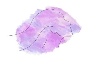 A simple silhouette of a woman with long hair. Portrait with line art style. Black outline on pink and blue watercolor stain. vector