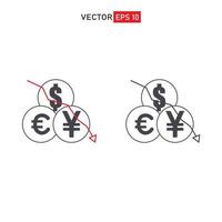 Decreasing value of dollar, euro, poundsterling . Cost reduction icon concept isolated on white background. Vector illustration inflation