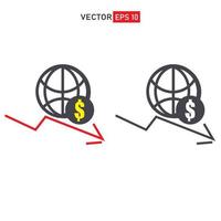 icono de la línea de deflación de la inflación de la crisis monetaria del dólar mundial. señal de crisis económica. símbolo de reducción de ingresos inflación vector