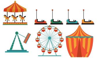 Amusement park attractions. carnival kids carousel, ferris wheel attraction and amusing fairground e vector