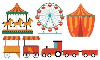 Amusement park attractions. carnival kids carousel, ferris wheel attraction and amusing fairground e vector