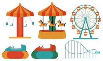 Amusement park attractions. carnival kids carousel, ferris wheel attraction and amusing fairground e vector