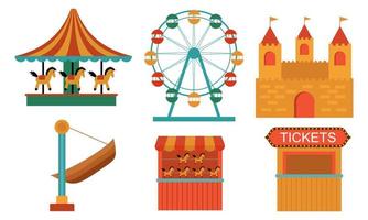 Amusement park attractions. carnival kids carousel, ferris wheel attraction and amusing fairground e vector