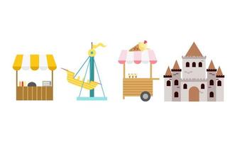 Amusement park attractions. carnival kids carousel, ferris wheel attraction and amusing fairground e vector