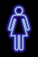 un simple símbolo estilizado de una mujer. signo femenino. contorno de neón azul sobre un fondo negro. firmar el baño de mujeres. vector