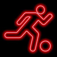 Neon red outline of a soccer player with ball on black background vector