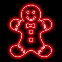 Red neon outline of a gingerbread man on a black background. Christmas element vector