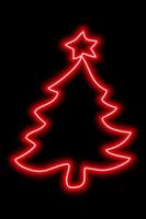 Red neon outline of a Christmas tree with a star on a black background vector