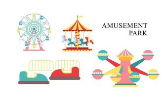 Amusement park attractions. carnival kids carousel, ferris wheel attraction and amusing fairground e vector