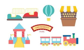 Amusement park attractions. carnival kids carousel, ferris wheel attraction and amusing fairground e vector