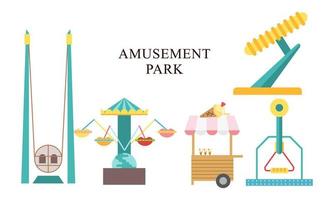 Amusement park attractions. carnival kids carousel, ferris wheel attraction and amusing fairground e vector