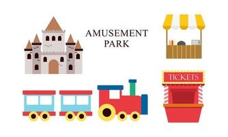 Amusement park attractions. carnival kids carousel, ferris wheel attraction and amusing fairground e vector