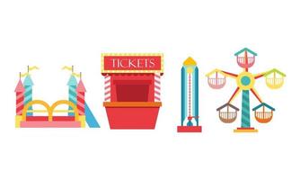 Amusement park attractions. carnival kids carousel, ferris wheel attraction and amusing fairground e vector