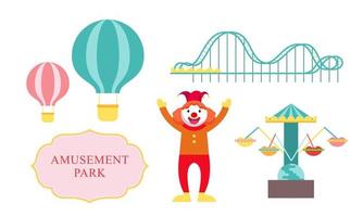 Amusement park attractions. carnival kids carousel, ferris wheel attraction and amusing fairground e vector