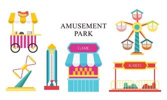 Amusement park attractions. carnival kids carousel, ferris wheel attraction and amusing fairground e vector