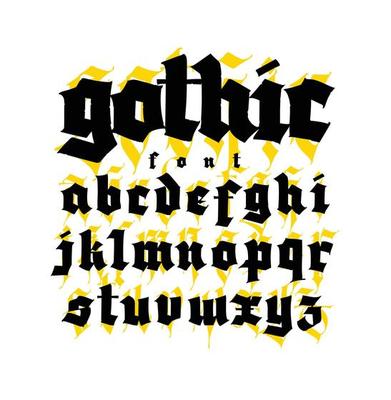 Gothic, display English font. Vector. Medieval latin letters of different styles. European design. Calligraphy and lettering. Lowercase letters for logos, labels and tattoos.