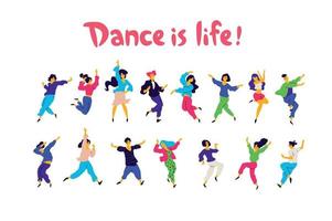 A group of dancing people in different poses and emotions. Vector. Illustrations of men and women. Flat style. A group of happy teenagers are dancing and having fun. Dance is life. vector