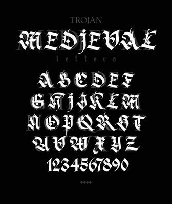 Gothic. Vector. Uppercase and lowercase white letters on a black background. Beautiful and stylish calligraphy. Elegant European typeface for tattoo and design. Medieval Germanic modern style.