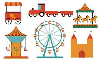 Amusement park attractions. carnival kids carousel, ferris wheel attraction and amusing fairground e vector