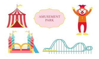 Amusement park attractions. carnival kids carousel, ferris wheel attraction and amusing fairground e vector