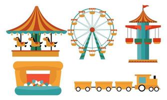 Amusement park attractions. carnival kids carousel, ferris wheel attraction and amusing fairground e vector