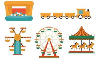 Amusement park attractions. carnival kids carousel, ferris wheel attraction and amusing fairground e vector