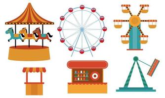 Amusement park attractions. carnival kids carousel, ferris wheel attraction and amusing fairground e vector