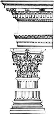 Corinthian Pillar, scrolls,  vintage engraving.
