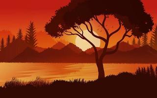 Sunset scene in forest. Glowing forest sky with Mountains landscape background Illustration
