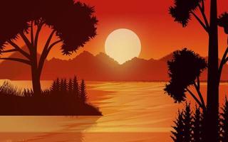 Sunset scene in forest. Glowing forest sky with Mountains landscape background Illustration vector