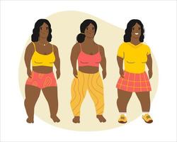 African american Undersized woman isolated on white background. Female character in different clothes. Body positive movement and beauty Diversity, Equality, Inclusion. Vector isolated illustration.