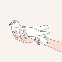 Peace Dove in hand, Continuous one Line drawing. Bird symbol of Peace and freedom in simple linear style. Pigeon icon. Vector illustration.