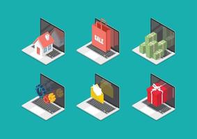 Icon elements on laptop screen isometric view vector
