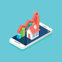 House icon and bar graph on smartphone isometric view vector