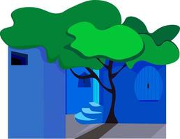 Blue street with green tree, illustration, vector on white background