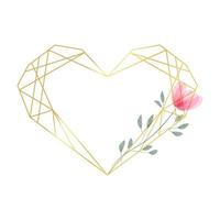Golden geometric heart border with flower in watercolor style. Luxury polygonal frame for decoration valentine's day, wedding invitations, greeting cards. Vector illustration