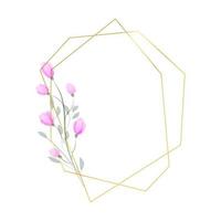 Gold geometric border with flower in watercolor style. Luxury polygonal frame for decoration valentine's day, wedding invitations, greeting cards. Vector illustration isolated on white background