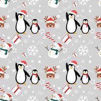 Christmas background seamless pattern of penguin and snowman with snowflakes,vector illustration.