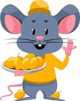 Mouse with mangos, illustration, vector on white background.