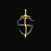 sword logo with shield in the shape of the letter S vector