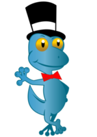 Gecko de dibujos animados con sombrero de copa y pajarita de pie png