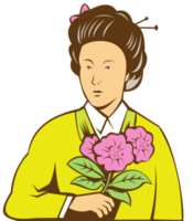 femme japonaise en kimono tenant des fleurs png