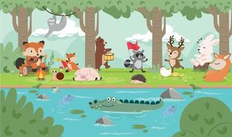 Forest animals in wild nature cartoon vector