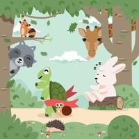 dibujos animados de la liebre y la tortuga corren en el bosque vector