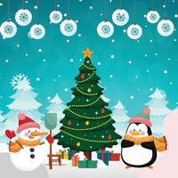 Christmas Poster Vector Design on Color Background With Snowman Print