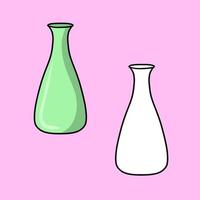 A set of images, a tall ceramic green flower vase with a narrow neck, a bottle, a vector illustration in cartoon style on a colored background