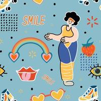 Groovy seamless patterns with funny happy woman, rainbow, wave, chess, mesh. Vector backgrounds in trendy retro trippy style. Hippie 60s, 70s style.